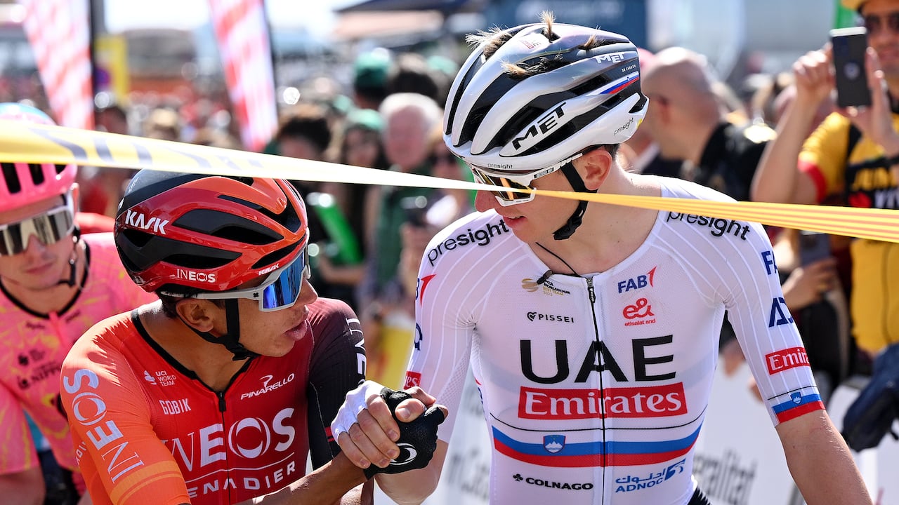 SANT FELIU DE GUIXOLS, SPAIN - MARCH 18: (L-R) Egan Bernal of Colombia and Team INEOS Grenadiers and Tadej Pogacar of Slovenia and UAE Emirates Team prior to the 103rd Volta Ciclista a Catalunya 2024, Stage 1 a 173.9km stage from Sant Feliu de Guixols to Sant Feliu de Guixols / #UCIWT / on March 18, 2024 in Sant Feliu de Guixols, Spain. (Photo by David Ramos/Getty Images)