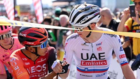 SANT FELIU DE GUIXOLS, SPAIN - MARCH 18: (L-R) Egan Bernal of Colombia and Team INEOS Grenadiers and Tadej Pogacar of Slovenia and UAE Emirates Team prior to the 103rd Volta Ciclista a Catalunya 2024, Stage 1 a 173.9km stage from Sant Feliu de Guixols to Sant Feliu de Guixols / #UCIWT / on March 18, 2024 in Sant Feliu de Guixols, Spain. (Photo by David Ramos/Getty Images)