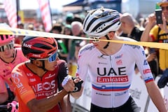 SANT FELIU DE GUIXOLS, SPAIN - MARCH 18: (L-R) Egan Bernal of Colombia and Team INEOS Grenadiers and Tadej Pogacar of Slovenia and UAE Emirates Team prior to the 103rd Volta Ciclista a Catalunya 2024, Stage 1 a 173.9km stage from Sant Feliu de Guixols to Sant Feliu de Guixols / #UCIWT / on March 18, 2024 in Sant Feliu de Guixols, Spain. (Photo by David Ramos/Getty Images)