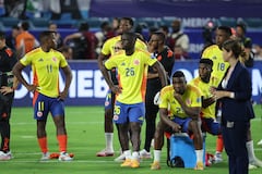 MIAMI GARDENS, FL - JULY 14: The Colombia team watches Argentina celebrate following the Copa America Finals match between Colombia and Argentina on Sunday, July 14 2024 at Hard Rock Stadium in Miami Gardens, Fla. (Photo by Peter Joneleit/Icon Sportswire via Getty Images)