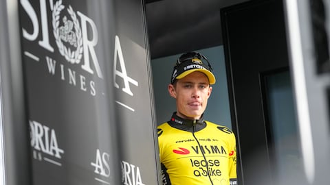 Jonas Vingegaard from Denmark, representing Team Visma - Lease a Bike, is standing on the podium as the stage winner during the 59th Tirreno-Adriatico 2024, Stage 5, a 144 km stage from Torricella Sicura to Valle Castellana, in Valle Castellana, Italy, on March 8, 2024. (Photo by Marco Zac/NurPhoto via Getty Images)